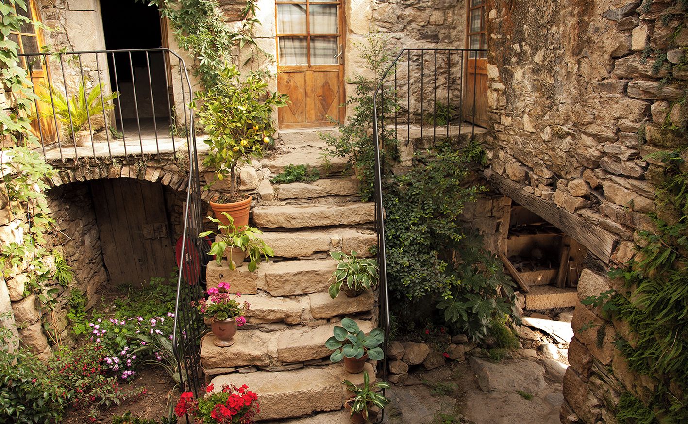 Una escalera de piedra que conduce a una puerta de madera, rodeada de macetas con plantas y flores.
