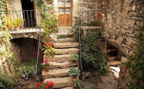 A stone staircase leading to a wooden door, surrounded by potted plants and flowers.