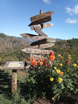 A wooden directional signpost with multiple arrows pointing to various destinations and their distances.