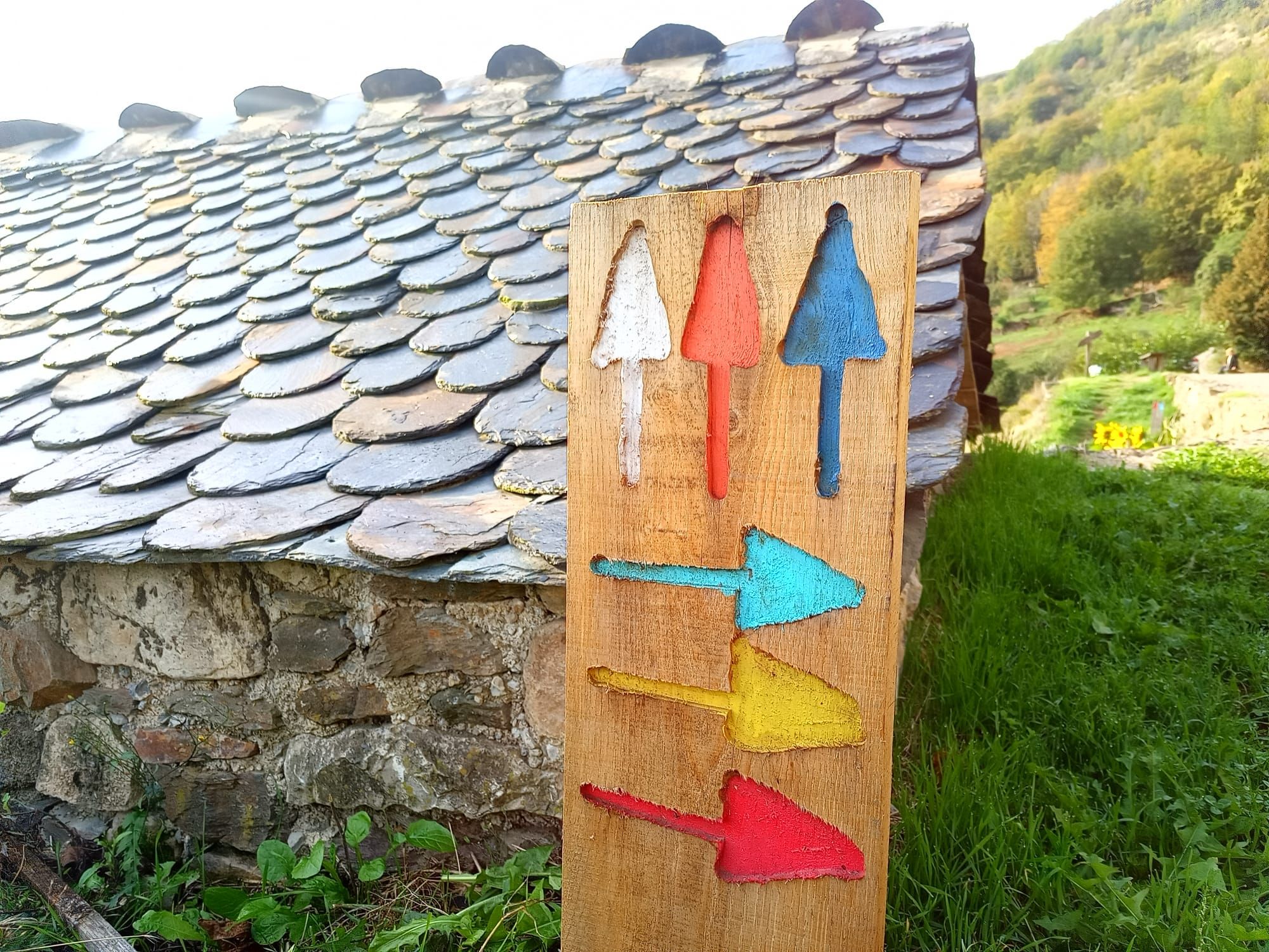 A wooden sign with directional arrows against a stone wall and a tiled roof.