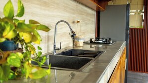 Una cocina moderna con un lavamanos de acero inoxidable, un grifo integrado y una planta en la encimera.