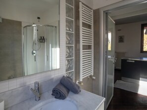 Shower, hair dryer, bidet, towels