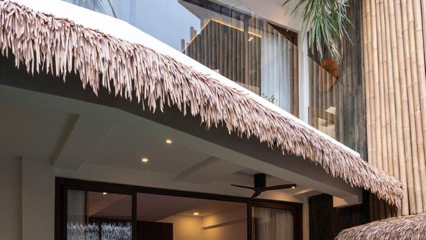 A modern villa with a thatched roof, a private pool, and a well-maintained garden.