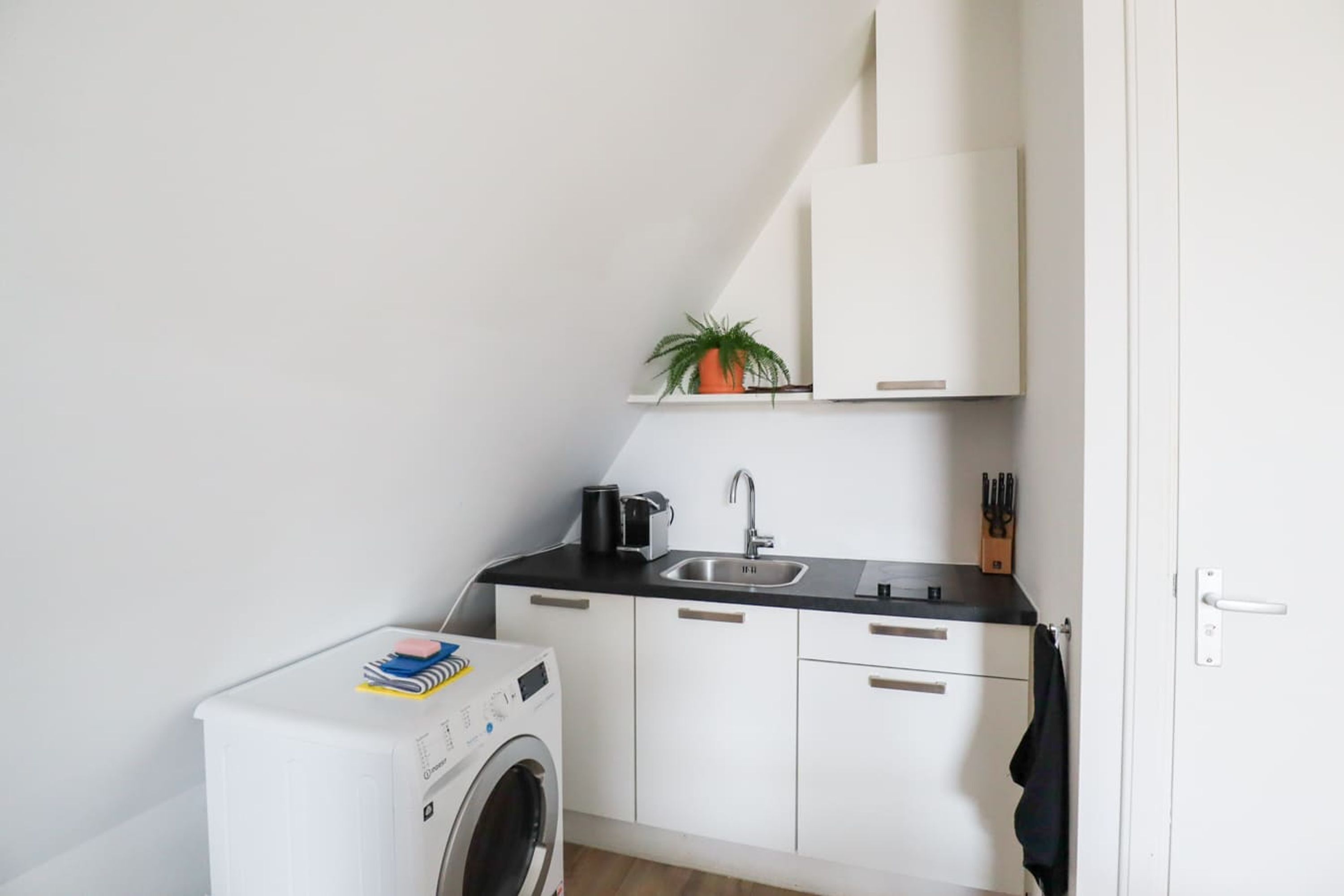 A compact kitchen with white cabinets, a black countertop, a sink, a washing machine, and a potted plant.