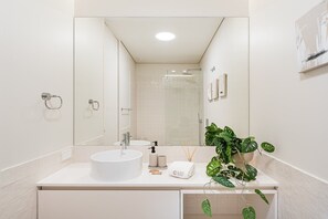 Shower, hair dryer, towels, soap
