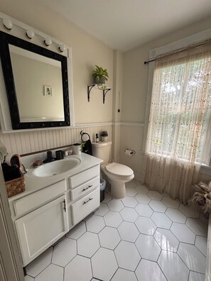 Hair dryer, towels, soap, toilet paper