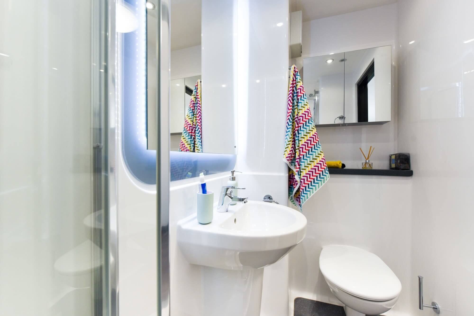 A modern bathroom with a glass shower enclosure, a white sink, and a toilet.