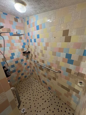 Chuveiro, toalhas de banho, papel higiênico