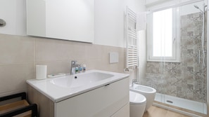 Shower, hair dryer, bidet, towels
