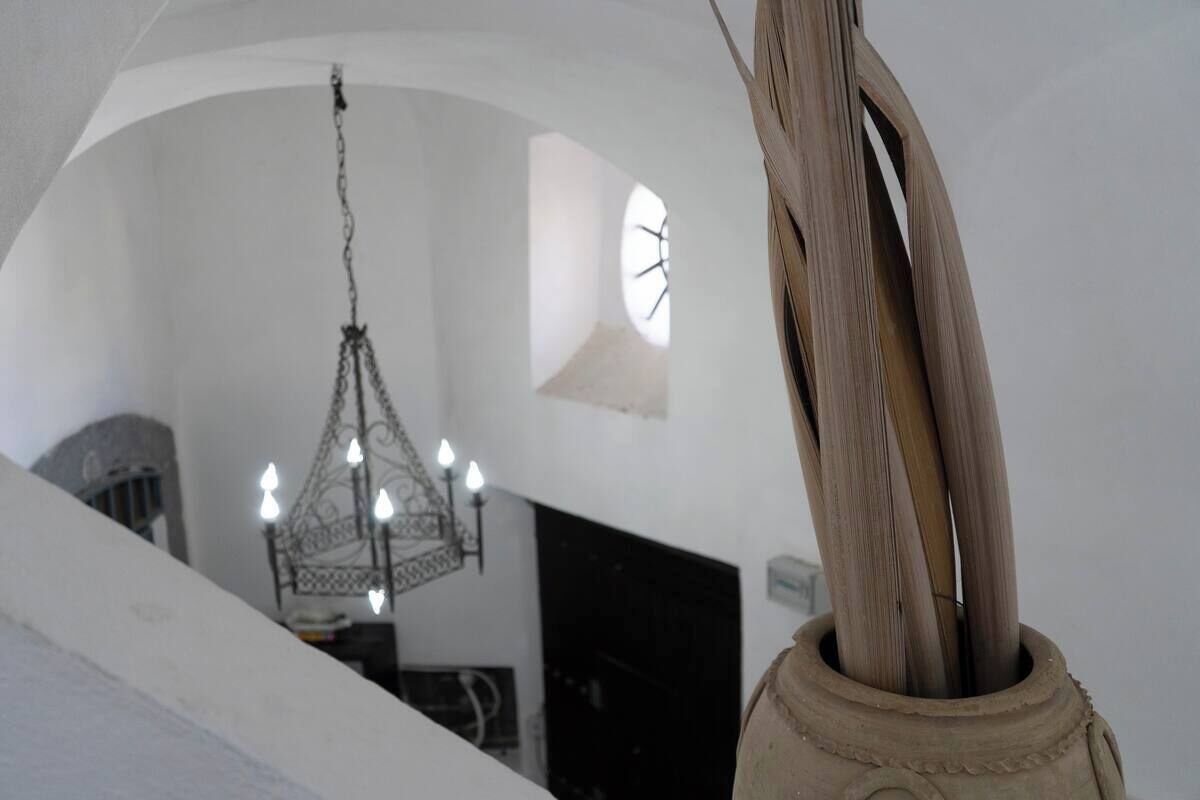 An interior view of a room with a chandelier, a window, and a vase with a plant.