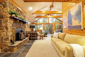 Smart TV, fireplace, table football, books
