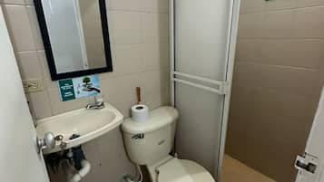 Regadera, toallas, jabón, papel de baño