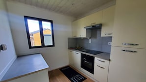 A compact kitchen with a window, a built-in oven, and a microwave. - Chalet Lesconil (Plobannalec-Lesconil)