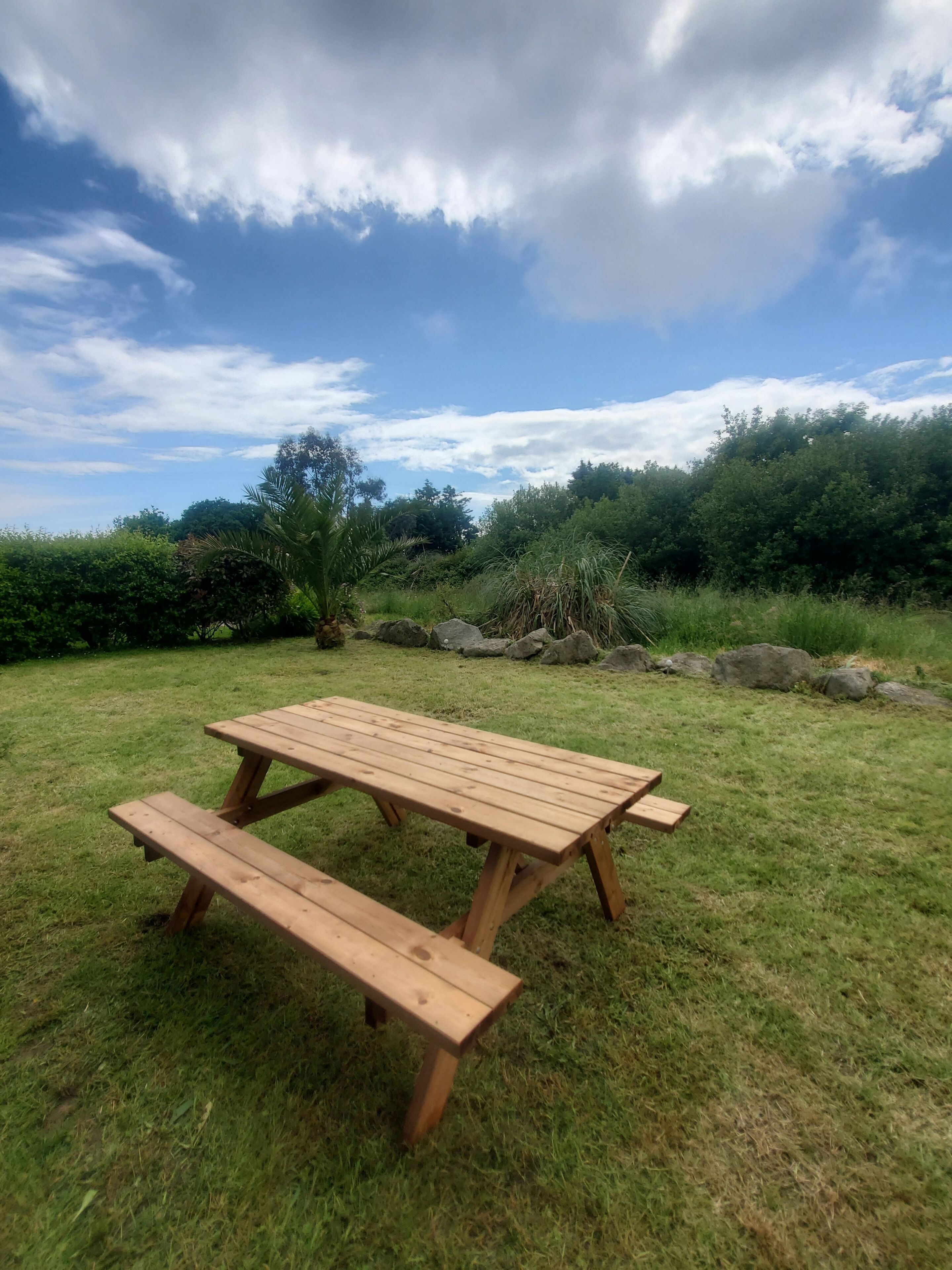 Et træbord- og picnicbord i et græsareal med træer og klipper i baggrunden.