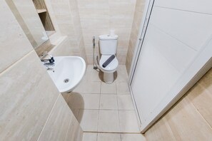 Bathroom features a toilet, sink, and mirror.