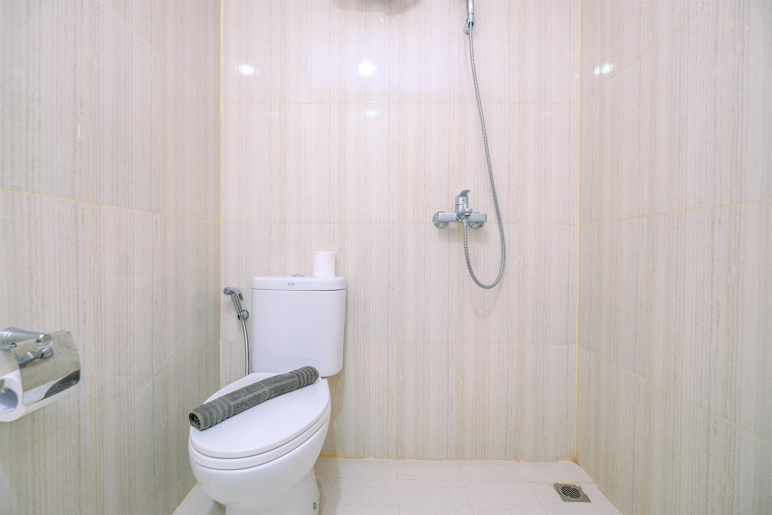 A bathroom with a toilet, a shower, and a toilet paper holder.