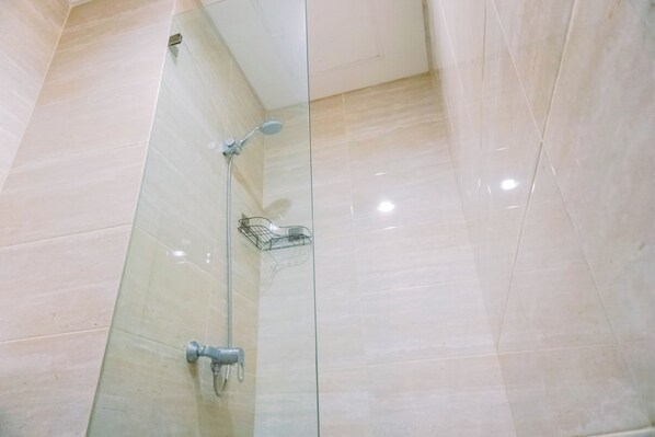 A glass-enclosed shower area with a handheld showerhead and a fixed showerhead, both mounted on the wall.