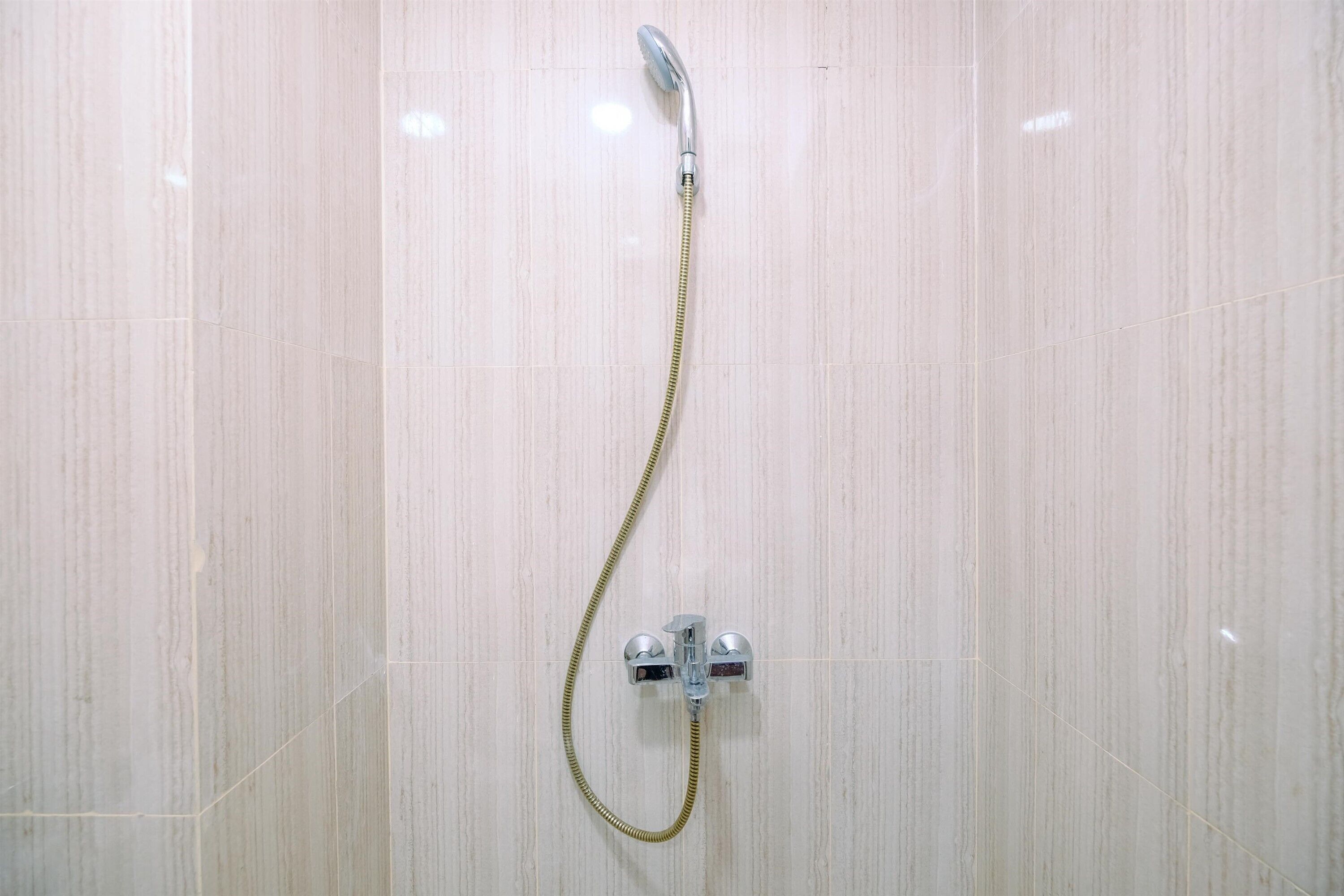 A shower with a handheld showerhead and a flexible hose.