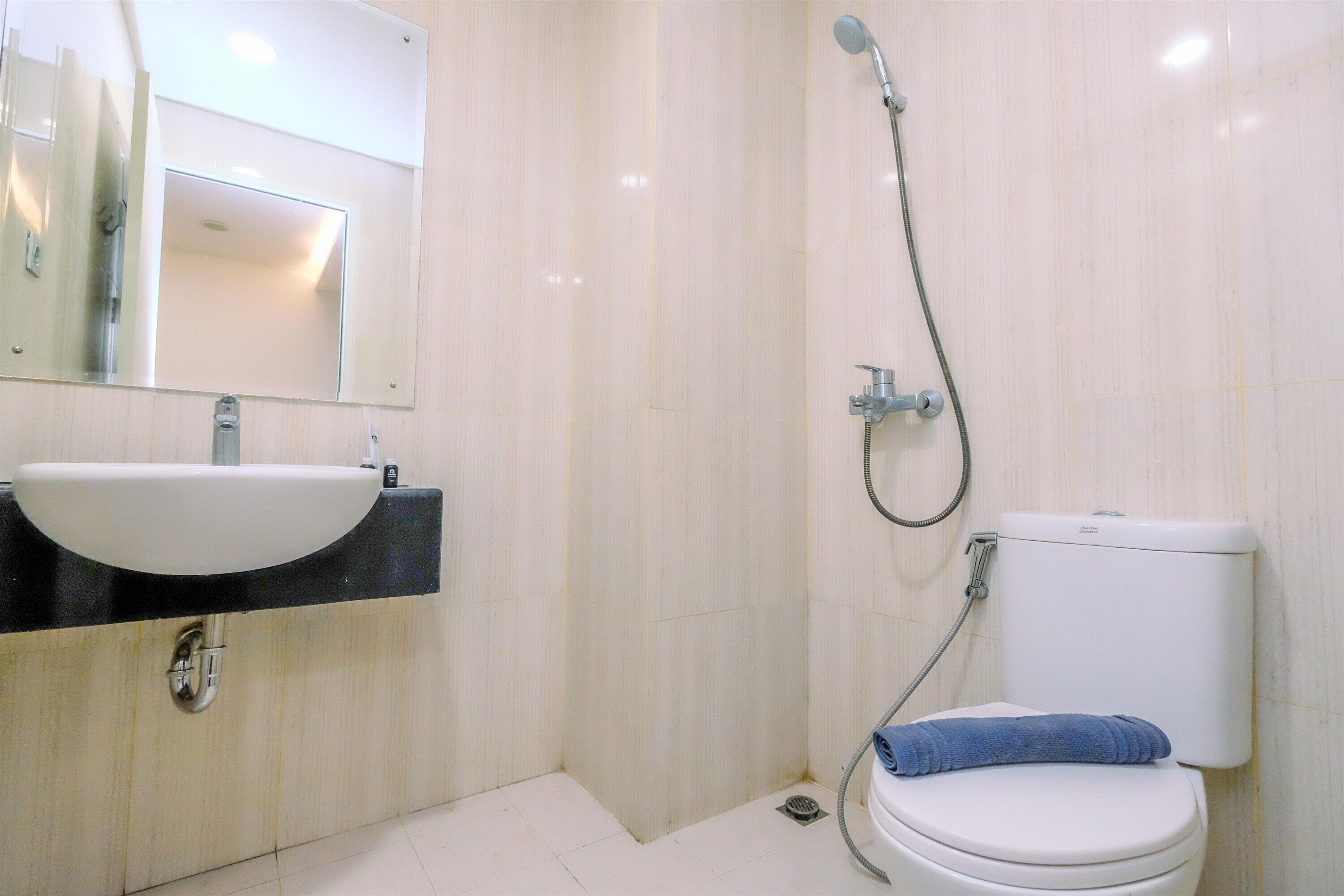 Un baño con lavamanos, espejo, inodoro y ducha.