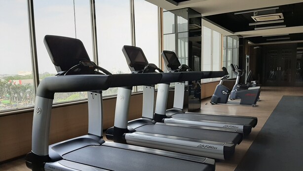 A row of treadmills in a gym with large windows and a view of palm trees outside.