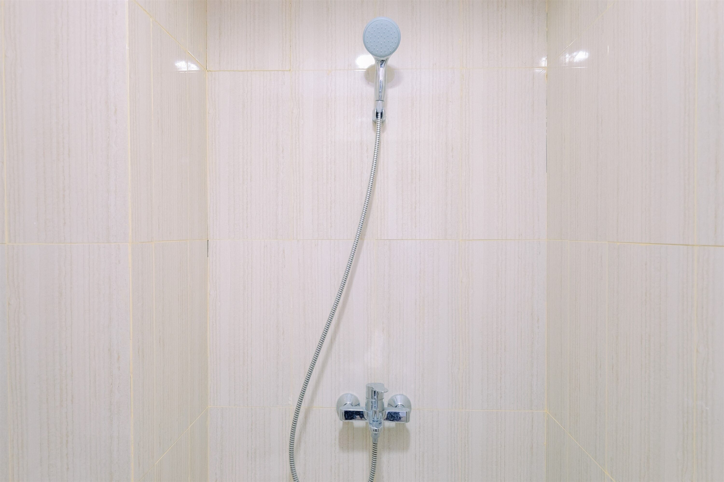 Une douche équipée d’un pommeau de douche à main et d’un flexible.