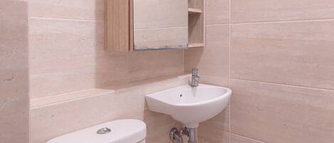A bathroom with a white toilet, a sink, and a mirror.