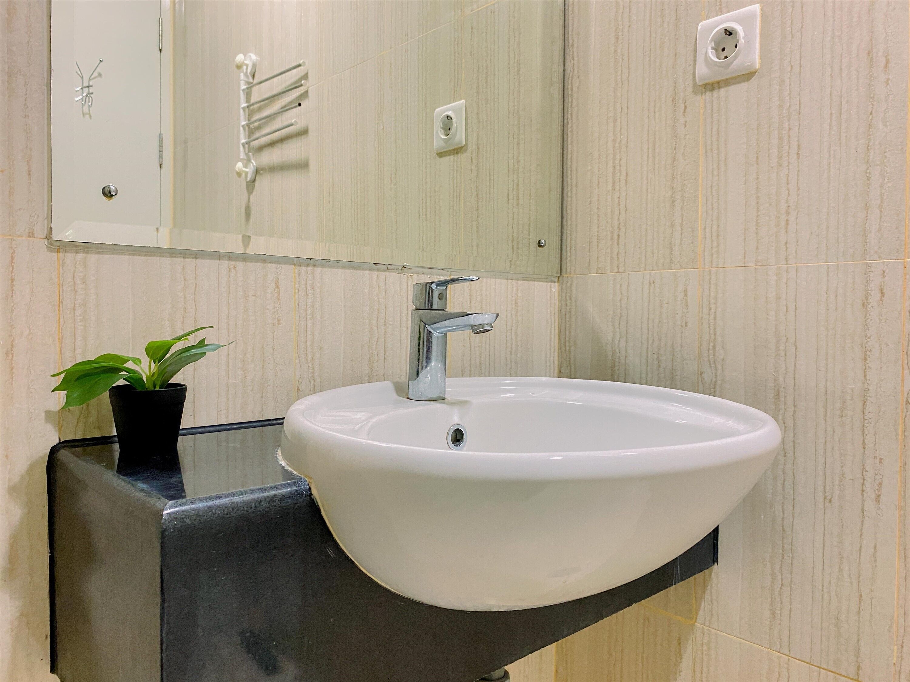 Un bagno con un lavandino bianco, un piano di lavoro nero, una pianta in vaso, uno specchio e un porta asciugamani.