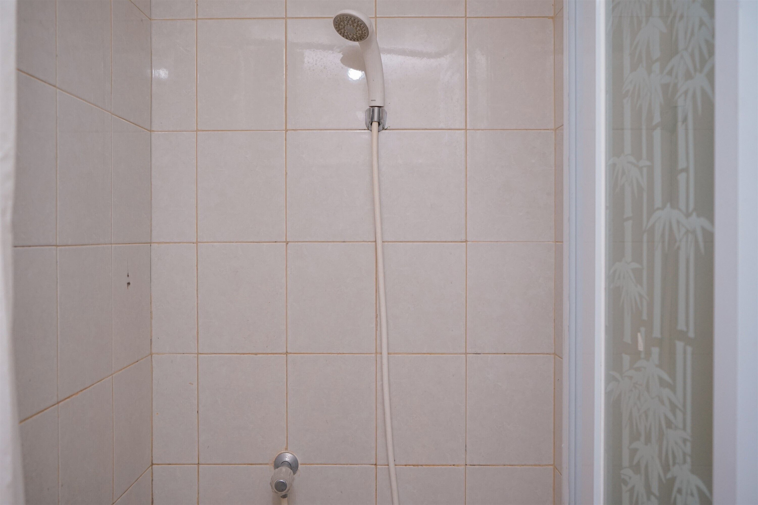 A shower with a handheld showerhead and a wall-mounted faucet.