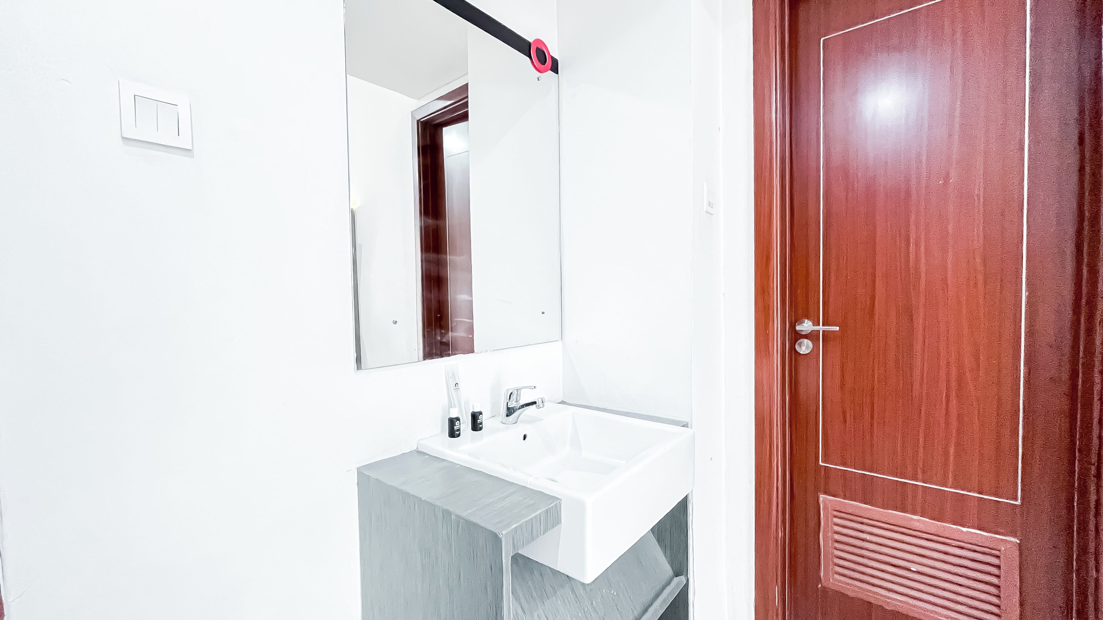 A bathroom with a white sink, a mirror, and a wooden door.
