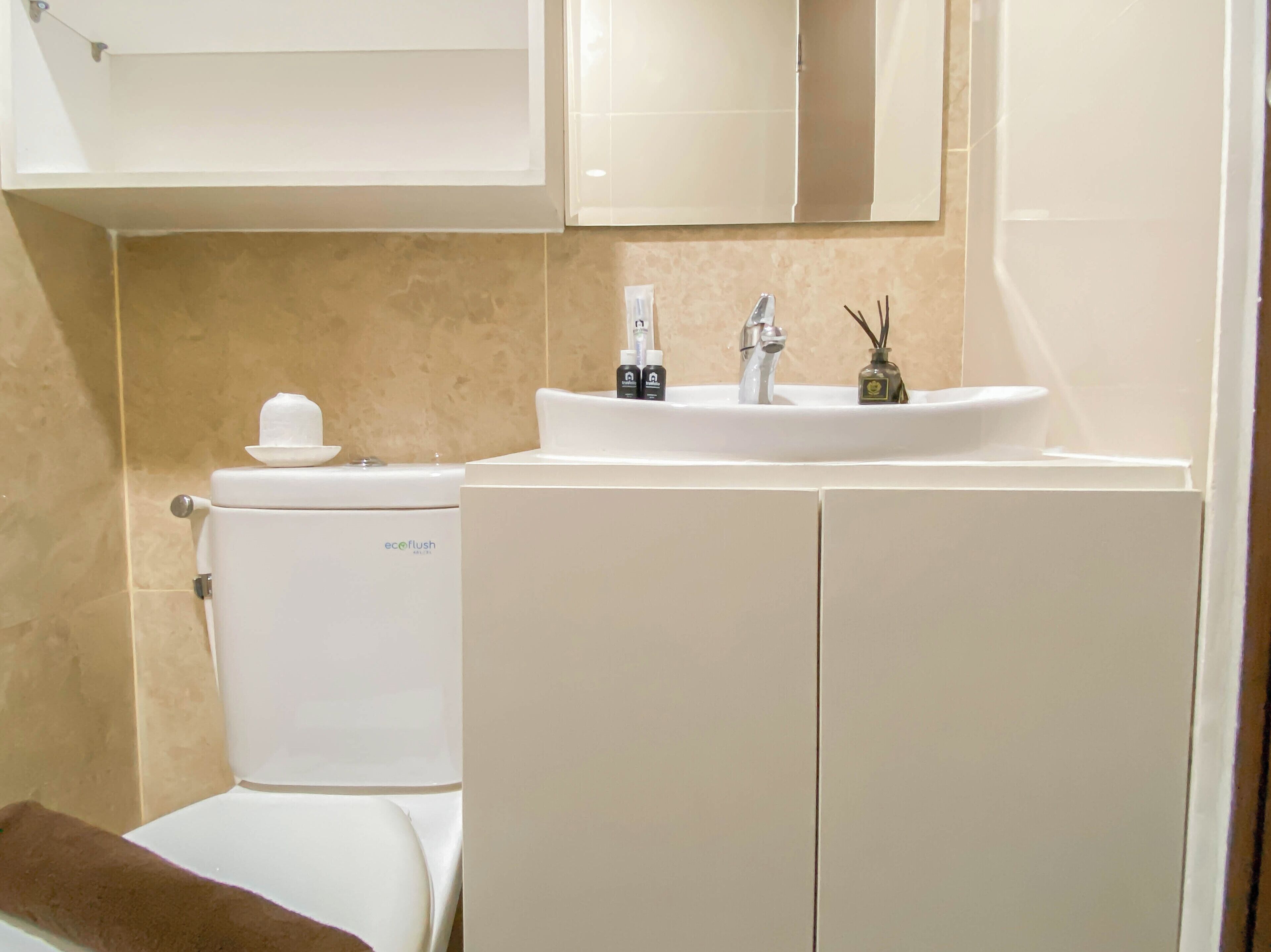A bathroom with a toilet, a sink, and a mirror above the sink.