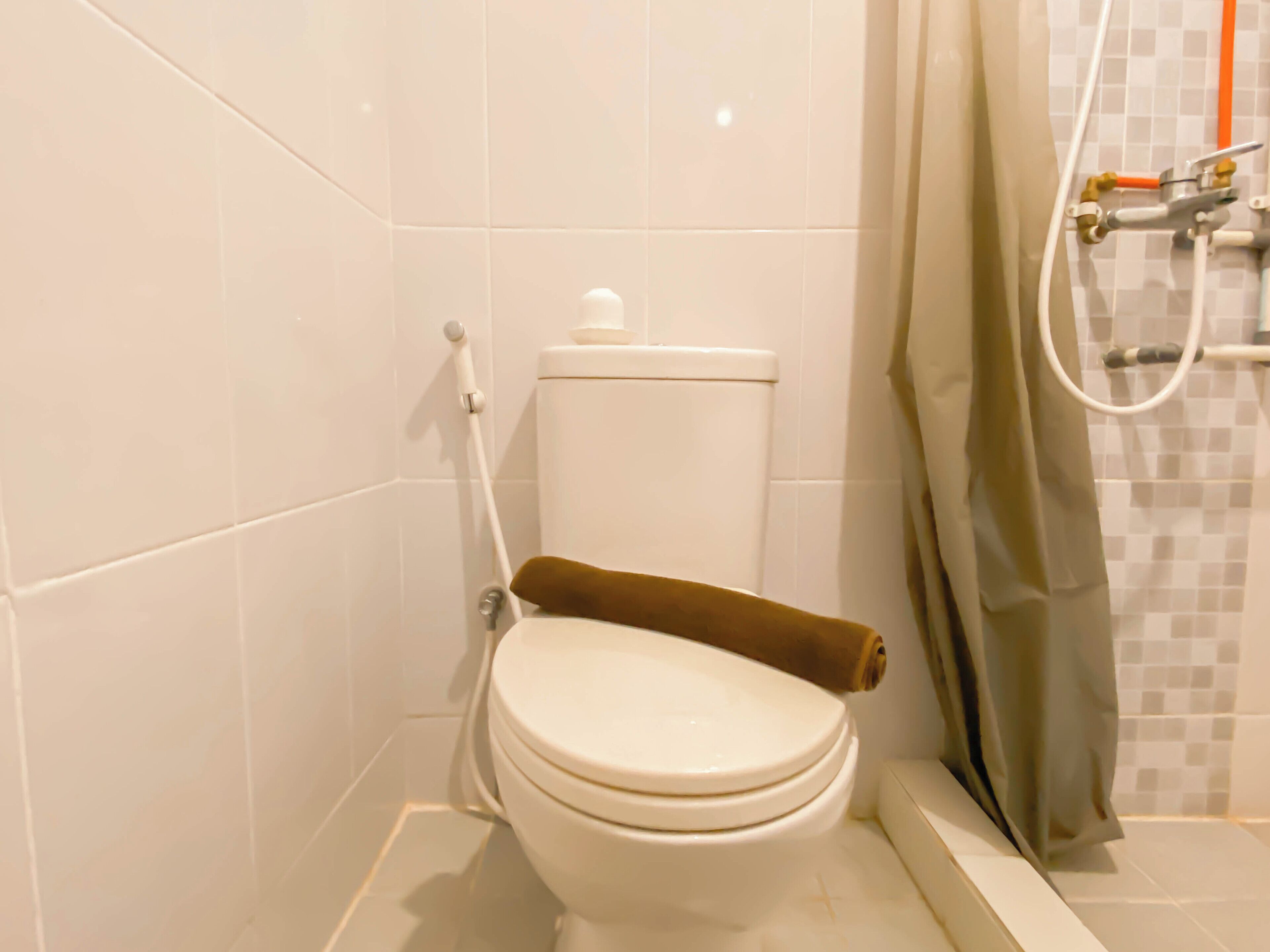 Ruskealla istuinkannella varustettu wc, suihkuverho ja laatoitettu seinä.