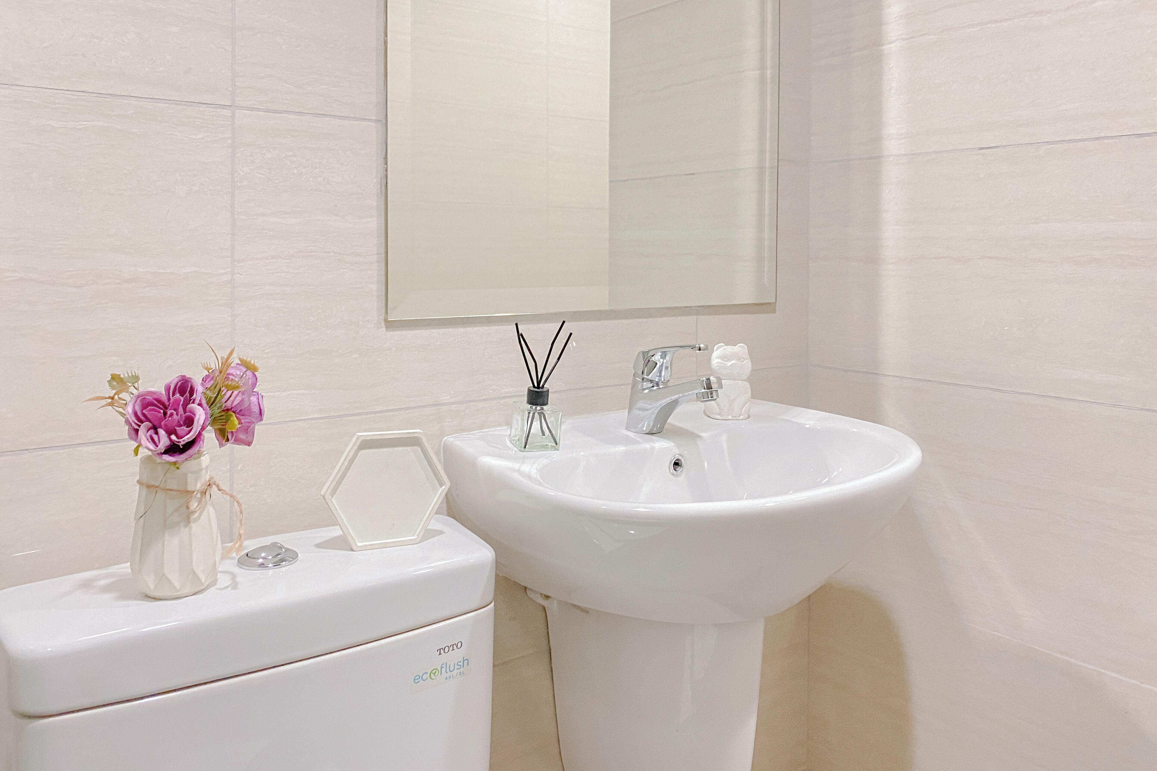 A bathroom with a white toilet, a white sink, and a mirror above the sink.