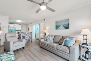 Signature Apartment, 2 Bedrooms, Beach View, Beachfront | Living room | 50-inch flat-screen TV with cable channels - Plantation 2215 (Gulf Shores)