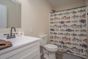 Hair dryer, towels, toilet paper