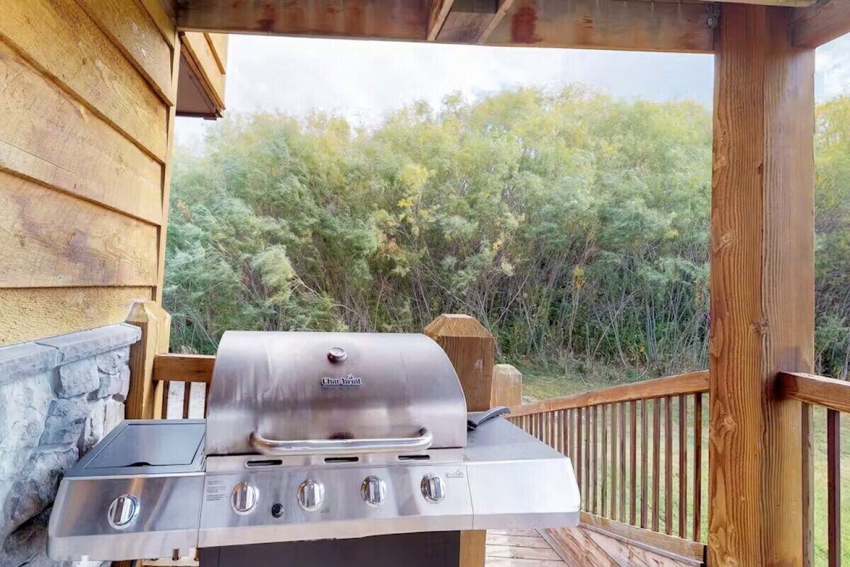 Una griglia in acciaio inossidabile con quattro bruciatori su un pontile di legno, con vista su una zona boschiva.