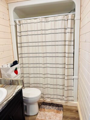 Shower, towels, soap, toilet paper