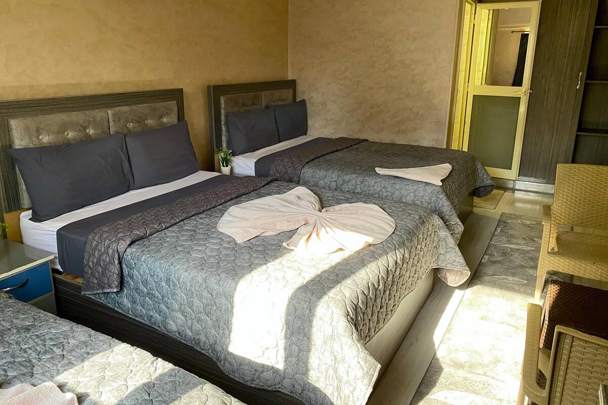 Ein Hotelzimmer mit zwei Betten, jeweils mit Kopfteil, Nachttisch und einer kleinen Topfpflanze.