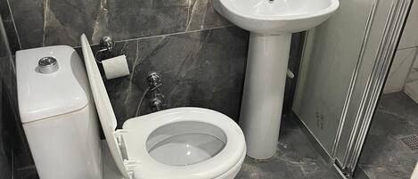 Douche, sèche-cheveux, serviettes fournies, savon