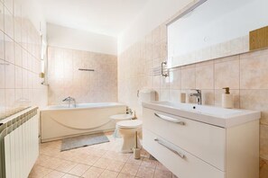 Shower, hair dryer, bidet, towels