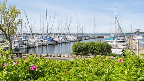 A marina with multiple boats docked, a rocky shoreline, and a clear sky. - Beautiful home in Egernsund with sauna (Egernsund)