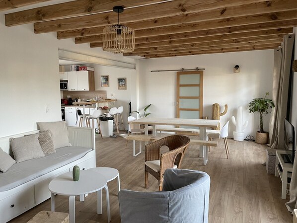 Televisie, een dvd-speler, een tafeltennistafel en een filmbibliotheek