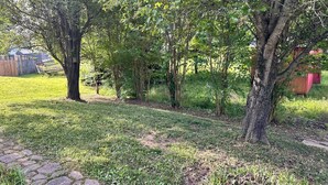 Ein Garten mit einem gepflasterten Weg, Bäumen und einem Holzzaun.