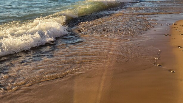 Una playa con olas lamiendo suavemente la orilla.
