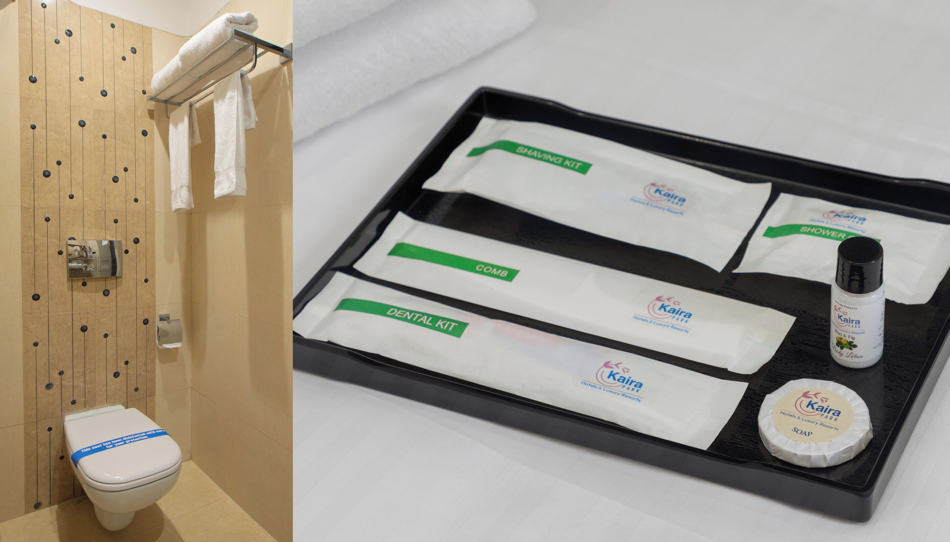 A bathroom with a toilet, towel rack, and a tray with toiletries including a comb, dental kit, and soap.