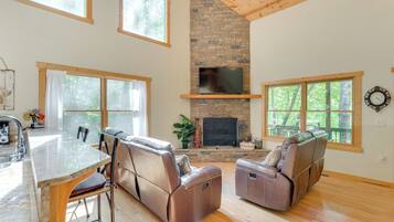 TV, fireplace, foosball, books