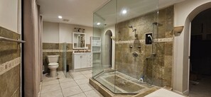 Hair dryer, towels, soap, toilet paper
