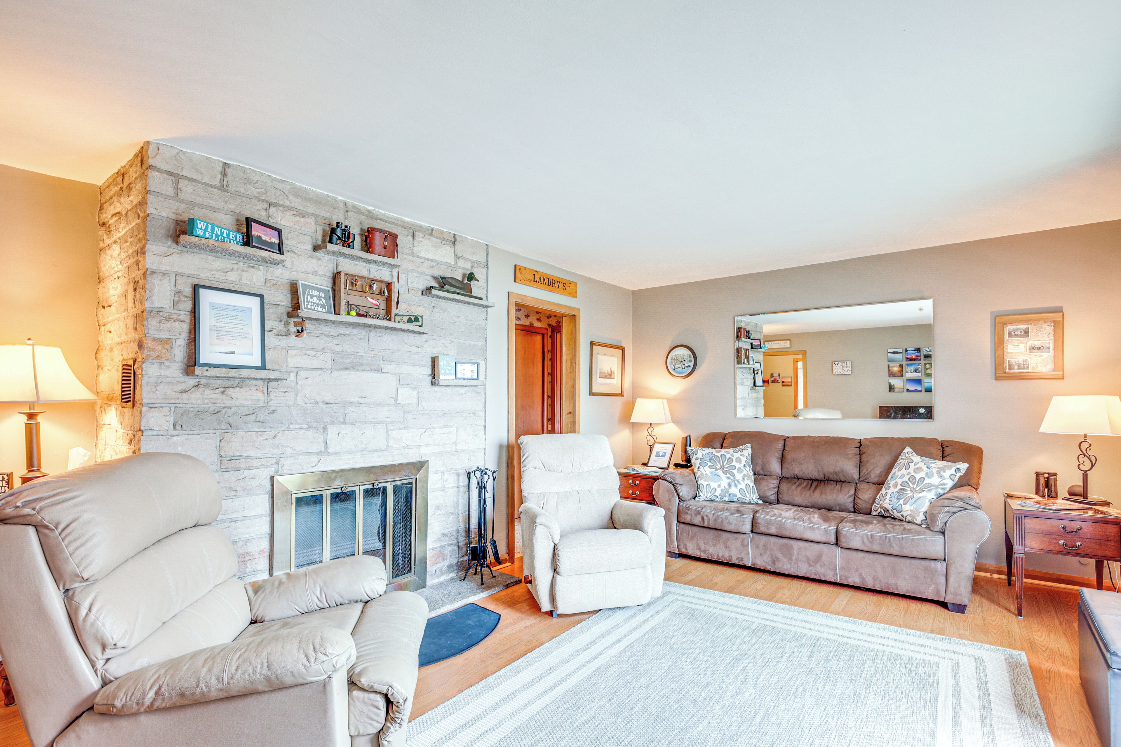 TV, fireplace, books