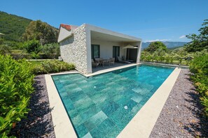 Une maison moderne avec une piscine, entourée de verdure et de montagnes.