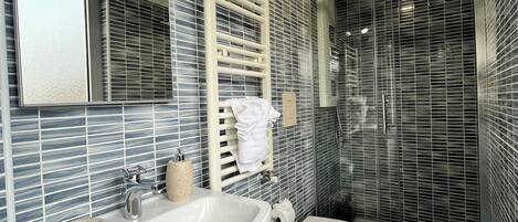 Shower, hair dryer, bidet, towels