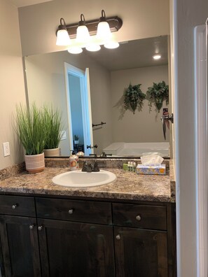 Dusch, hårtork, handdukar och tvål